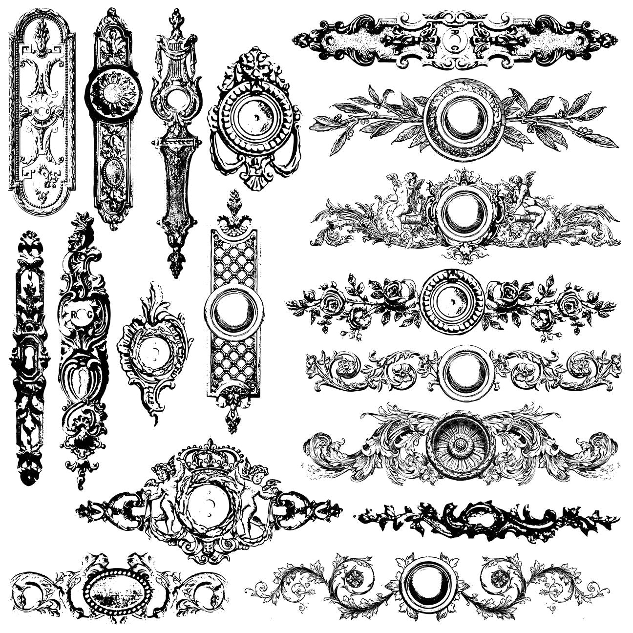 Backplates 12x12 Decor Stamp 12x12 Décor Stamps. Our Backplates Décor Stamps are fabulous and versatile. They were designed to create backplate imagery behind your knobs for a fun and on trend alternative to dimensional backplates, however, they can also be used for distinctive fleurishy touches in any project.